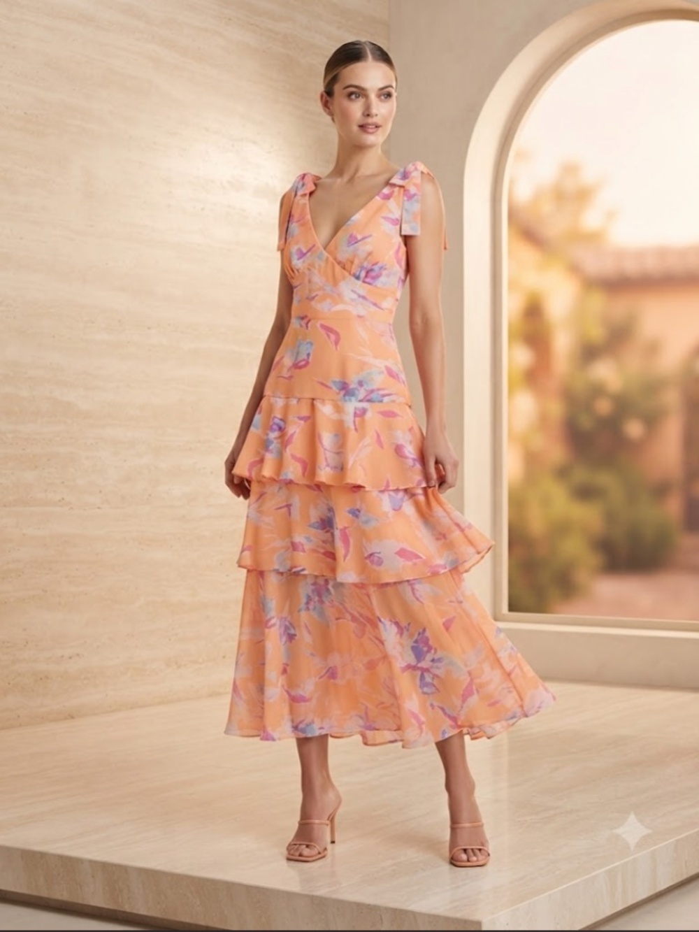 WAYF: Alma Floral Print Tiered Dress In Orange Floral (NWT)
